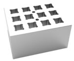 Image of the MH-USA Dry Bath Block, 2 x 6 Cuvettes, 12.5mm featuring twelve square recesses with a small circular hole on top, casting shadows that enhance its three-dimensional look.