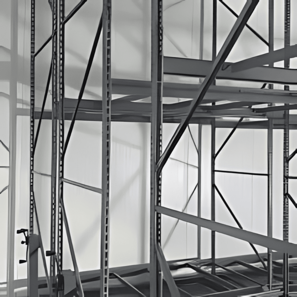 Empty industrial metal shelving units and a steel ladder on the left are set against a bright white backdrop, ready for transformation into cannabis vertical grow racks. The structure appears sturdy, with a grid-like arrangement of vertical and horizontal beams.