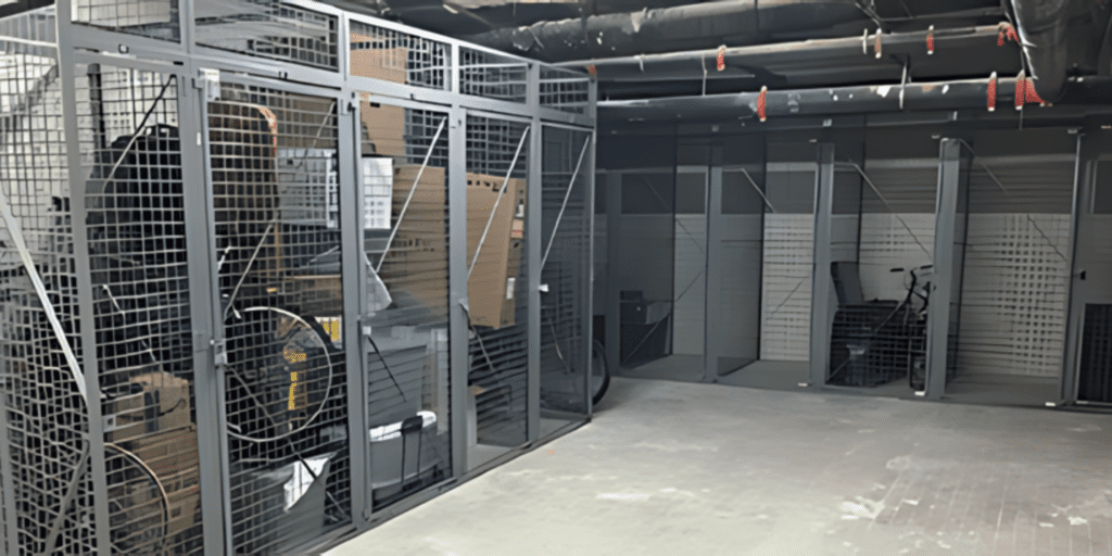A storage room with metal cage lockers serves as an excellent source for tenant lockers, containing various items like boxes and equipment. One locker is visibly full, while others remain empty. The concrete floor complements the industrial look, accentuated by visible pipes on the ceiling.