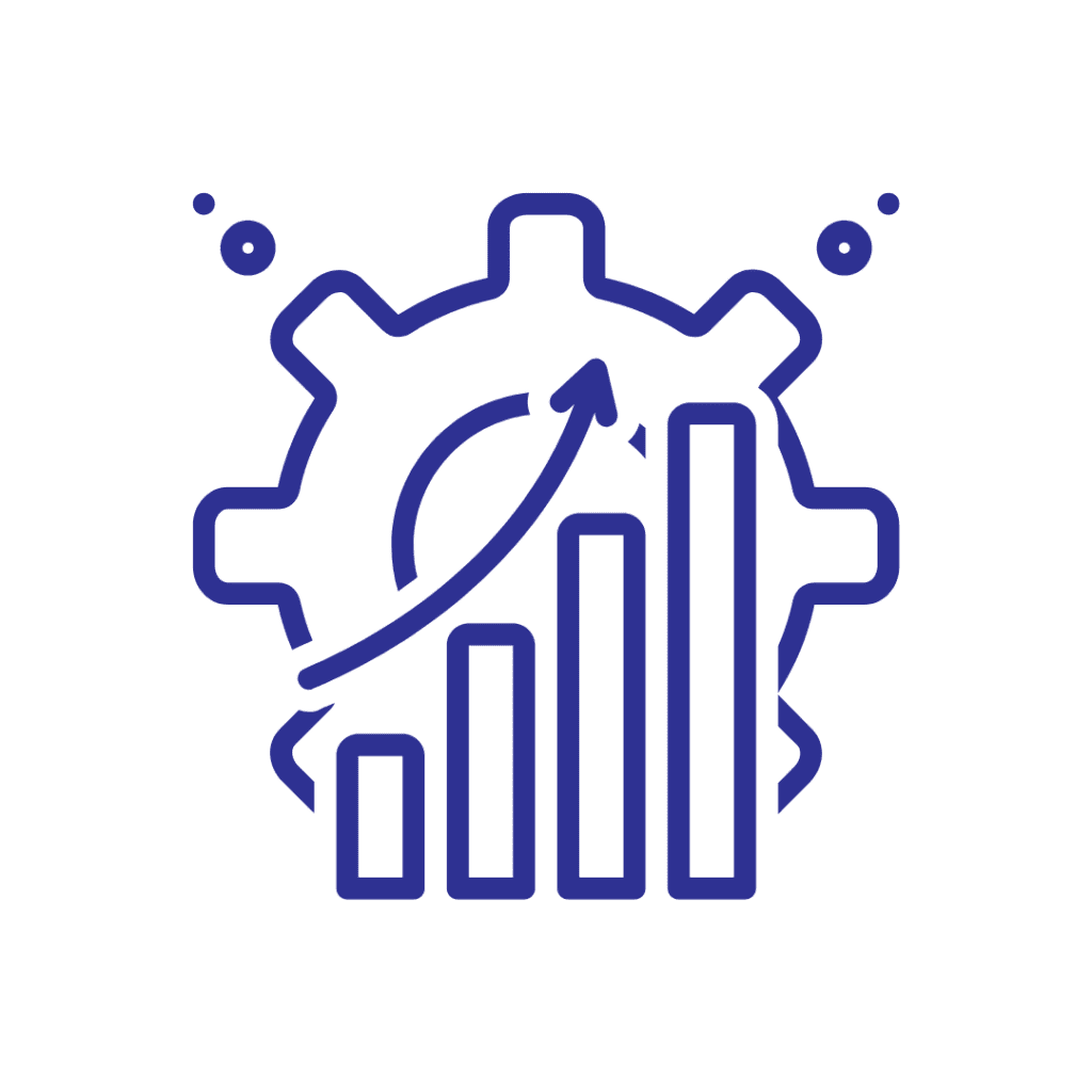 Icon of a gear with a bar chart and an upward arrow in front, symbolizing growth and improvement, reflecting the streamlined efficiency of mobile shelving for pharmaceutical supplies.
