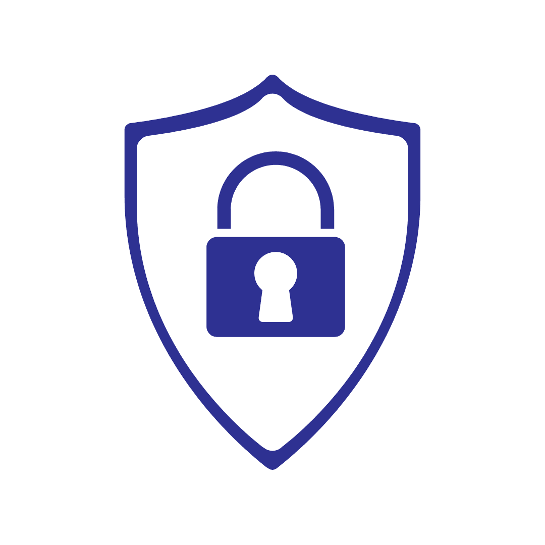 A blue shield icon with a padlock symbol at the center signifies security, akin to the dependable organization offered by Storeganizer. The stylized padlock features a keyhole, and its simple, minimalistic design on a white background ensures a 360-degree sense of protection.