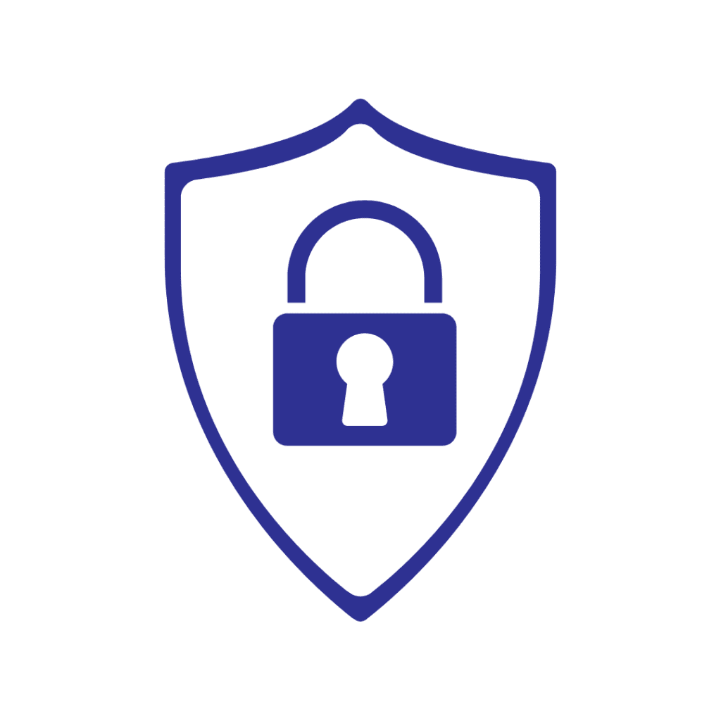 A shield icon with a blue outline featuring a circular padlock symbol inside illustrates security and protection, much like mobile shelving ensures the safe storage of pharmaceutical supplies. The icon, set against a white background, emphasizes safeguarding your essentials.