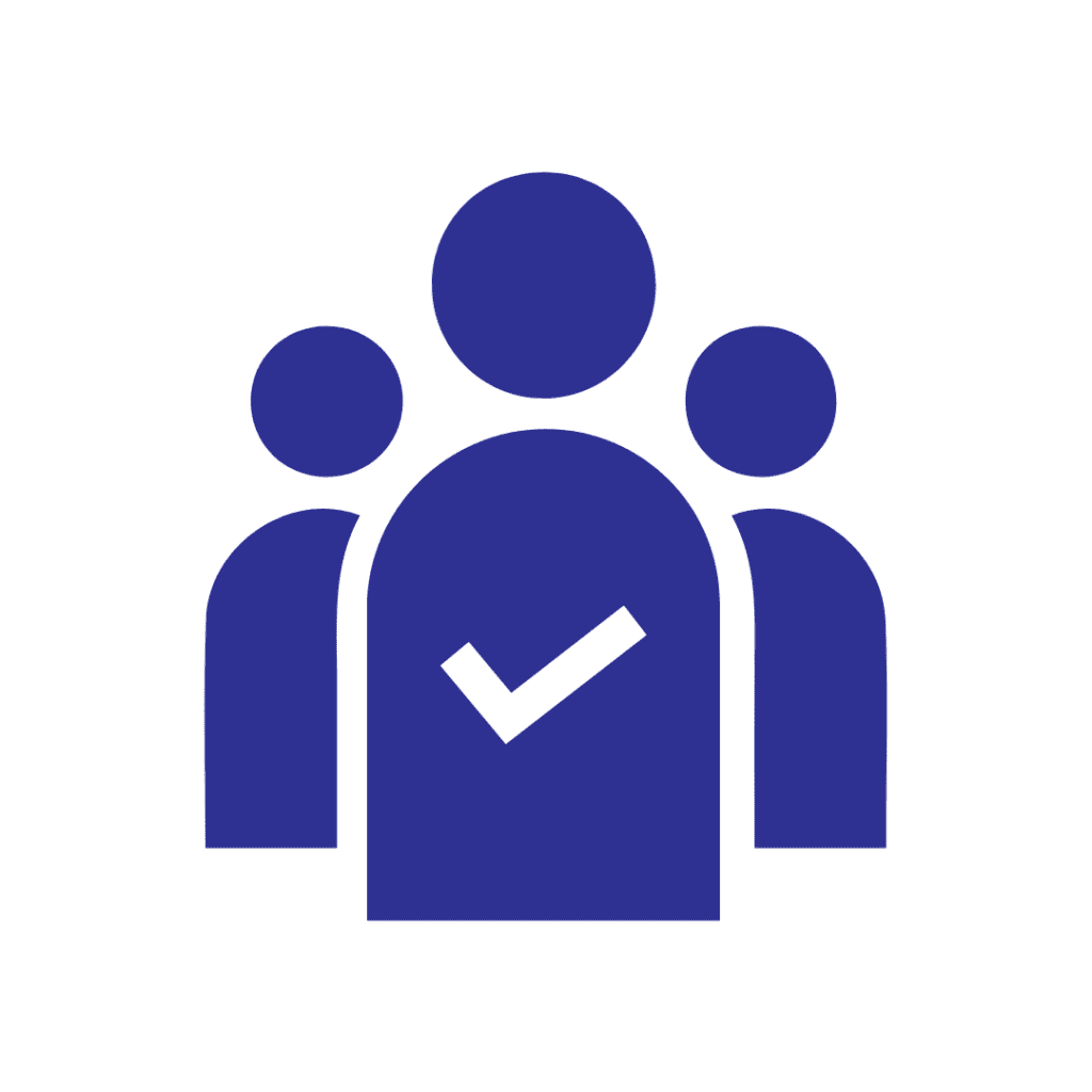 Icon of three silhouetted figures in blue, with a checkmark on the center figures chest, symbolizing efficiency akin to mobile shelving for pharmaceutical supplies.
