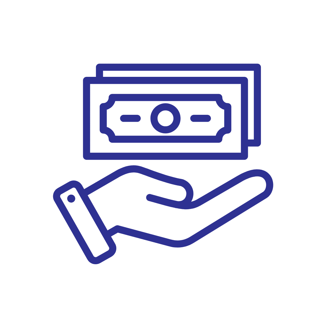 Illustration of a hand holding a banknote in front of a stack of money with a dollar symbol, capturing the essence of efficient organization. The design is outlined in blue on a white background, reminiscent of Storeganizer’s seamless efficiency.