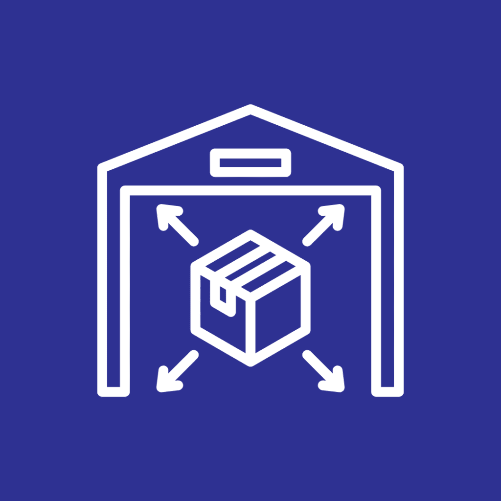 A white line illustration on a blue background depicts a warehouse with spacefile mobile shelving and a box inside. Arrows point from the box outward, indicating distribution or shipping.