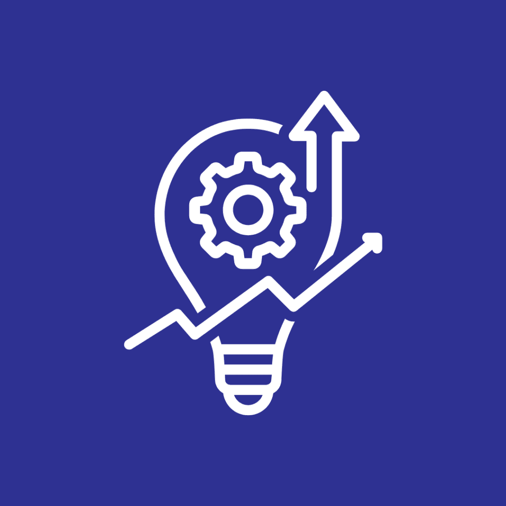 White icon on a blue background showing a light bulb with a gear inside, featuring spacefile mobile shelving. A rising arrow moves upwards along a zigzag line, indicating growth and innovation.