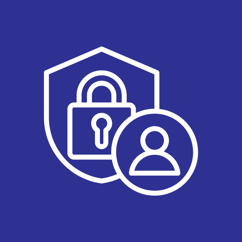 A padlock inside an outlined shield with a user icon in front of it on a blue background, much like the secure organization of spacefile mobile shelving, symbolizes user privacy and security.