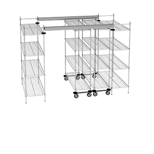 A modular, wheeled metal shelving unit from the Utah Metro collection features multiple tiers with adjustable and sliding components for customizable storage. With its minimal design, its perfect for organizing various items in a home or office setting.