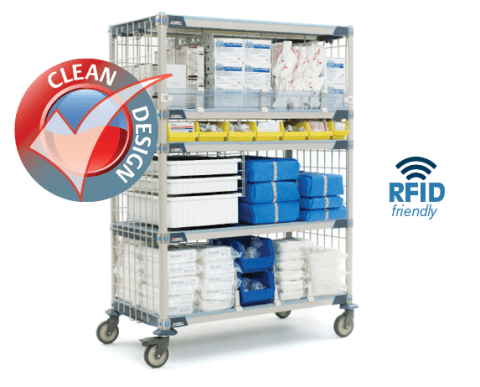 A mobile shelving unit with three levels holds various medical supplies, including boxes and packages. Featuring Utah Metro Shelving, red Clean Design and blue RFID friendly logos are on the left and right. The unit is equipped with wheels for easy mobility.