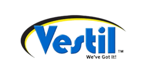 Logo featuring the word Vestil in bold blue letters, with a yellow and black swoosh design arching from left to right. Below Vestil, the phrase Weve Got It! appears in smaller black text, highlighting a commitment to ergonomic storage solutions.