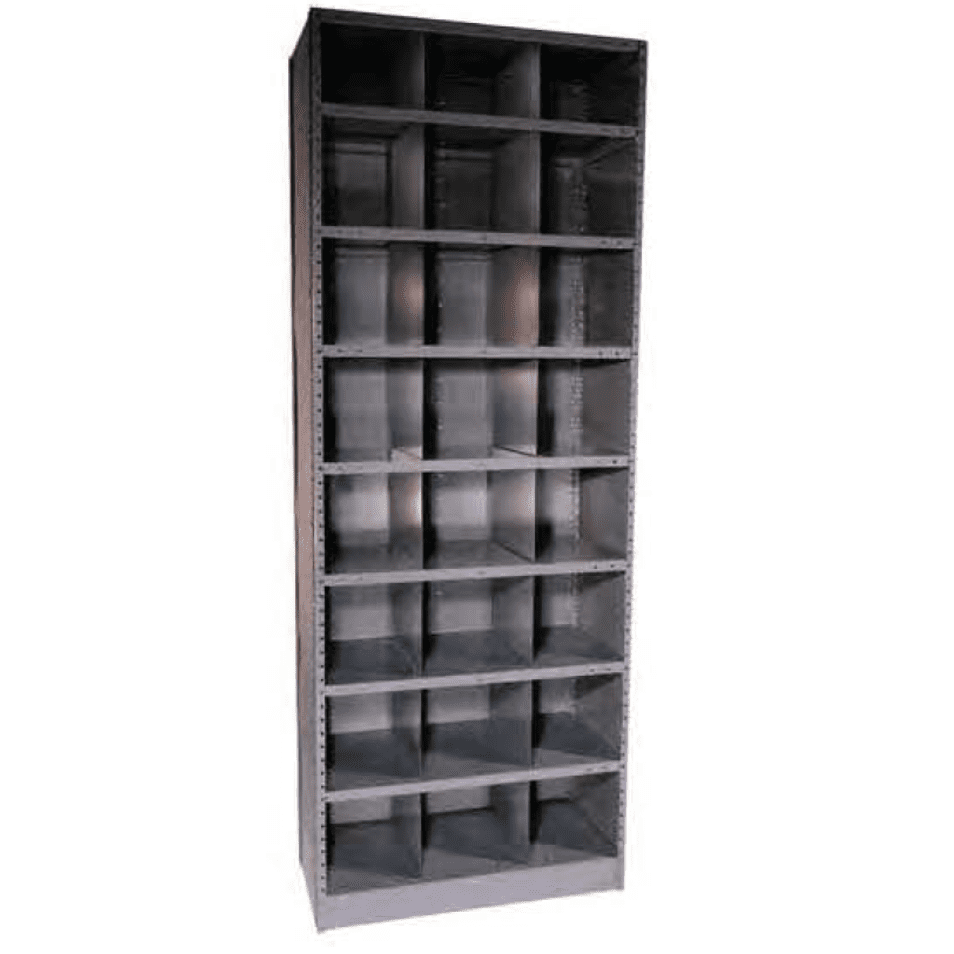 Tall metal shelving unit with multiple small square compartments stacked vertically and horizontally, designed for storage or organization. The shelves are evenly spaced and the structure is utilitarian and industrial in design.