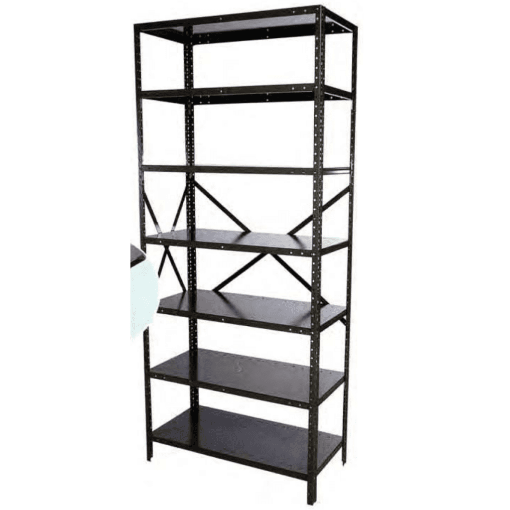 A tall, black metal shelving unit with five adjustable shelves. The structure has open sides and back, supported by vertical and horizontal beams, providing ample storage space for various items.