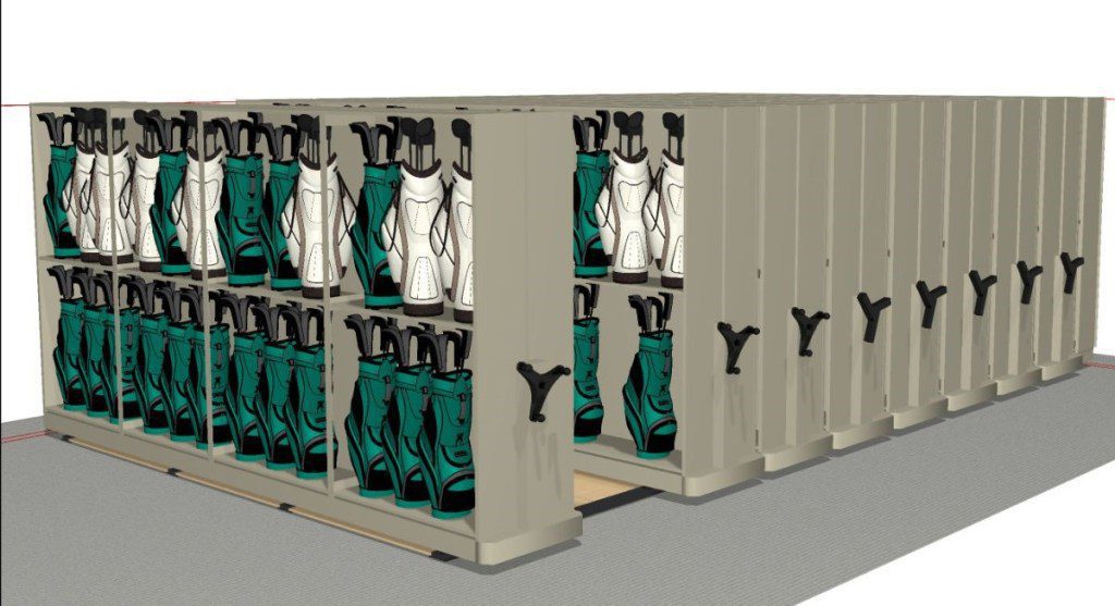 Spacefile mobile rack system configured with two tiers of golf bag compartments on laterally moving carriages