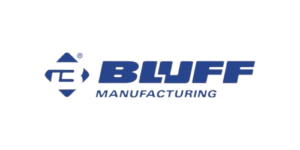 Logo of Bluff Manufacturing. It features a blue geometric design with the letters TC on the left, followed by BLUFF MANUFACTURING in bold blue text on a white background, symbolizing their commitment to warehouse efficiency and streamlined inventory management.