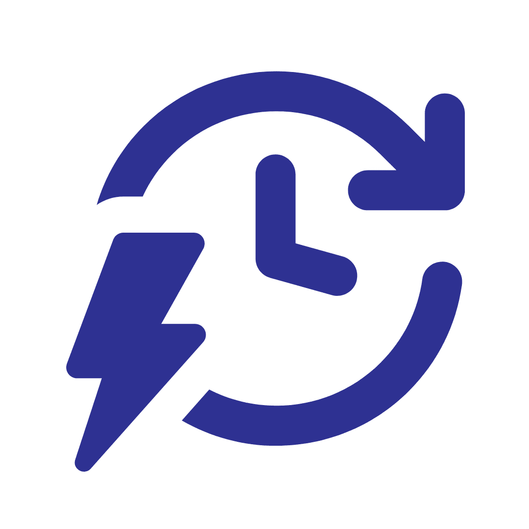 An icon of a blue clock encircled by arrows, complemented by a lightning bolt on the left, evokes the efficiency of a pitch-rail system, all set against a pristine white background.