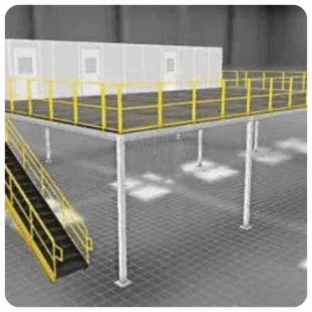 Elevated industrial platform with yellow railings and a staircase leading up. This panel-built structure is supported by white pillars and is situated in a spacious, grey-tiled facility with white partitioned rooms in the background.