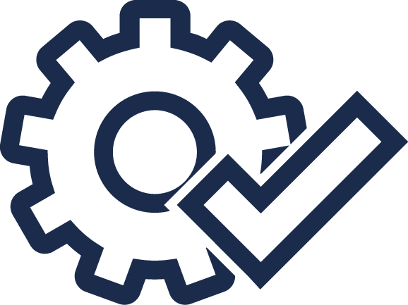 Icon of a gear and a check mark, reminiscent of Utah guard booths. The gear is partially covered by the check mark, symbolizing settings or configuration approval. Rendered in dark blue, this design conveys both precision and security.