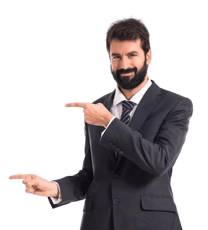 A bearded man in a suit is smiling and pointing sideways with both hands, as if highlighting Utah wire shelving to his right. The background is plain and green.