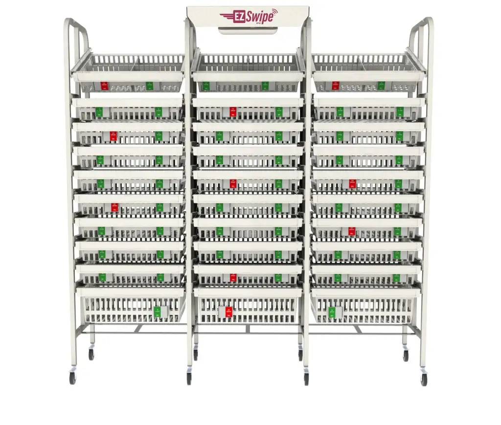 Pegasus EZSwipe medical supply racks with red and green inventory indicators