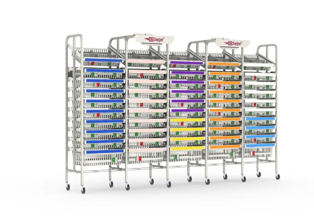 A large, multi-tiered storage rack on wheels showcases rows of colorful boxes labeled with various items. Integrated with Pegasuss RFID Failsafe Medical Inventory System, its compact design ensures organized, efficient management across four sections, each equipped with handles for easy mobility.