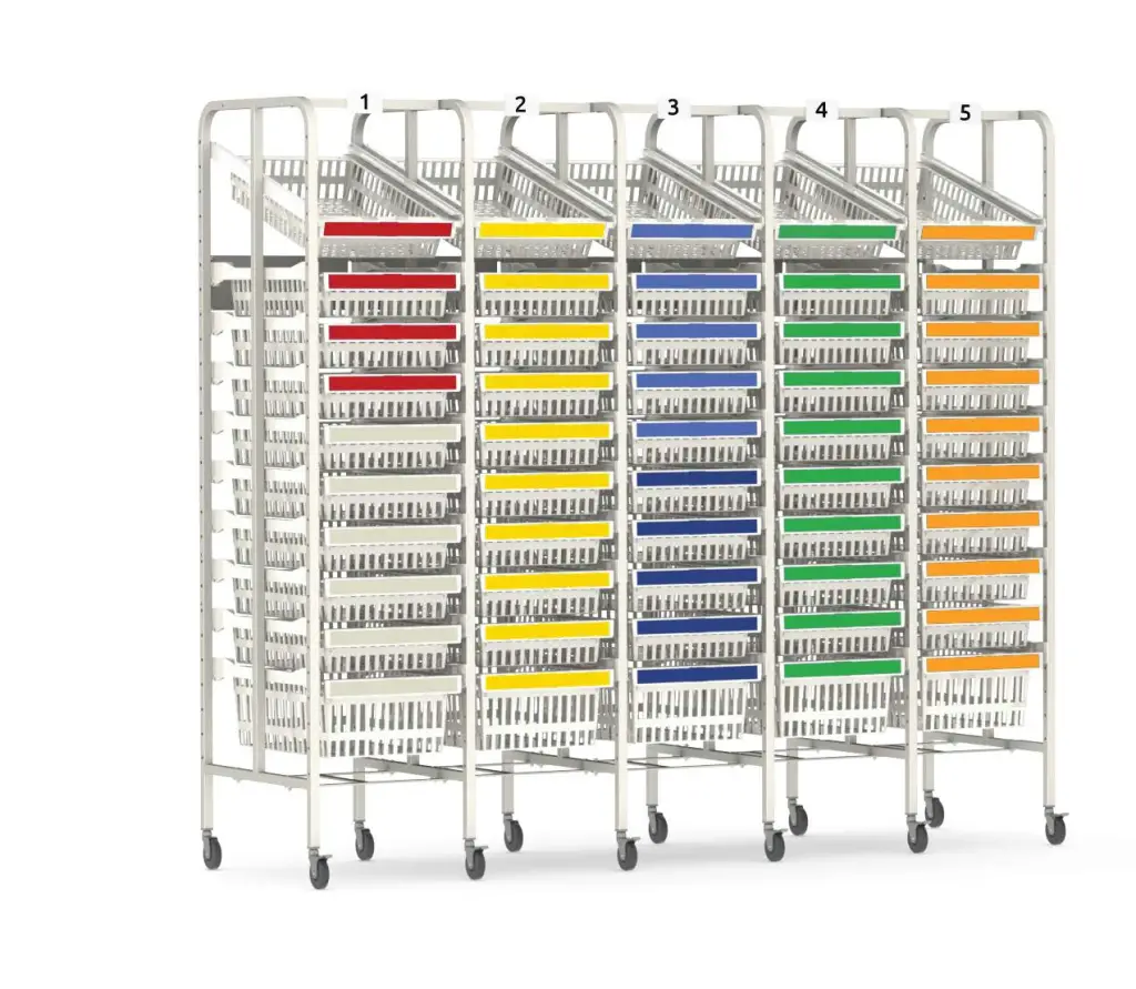 A tall, metal rack featuring Pegasuss RFID Failsafe Medical Inventory System comes with five sections of color-coded plastic baskets in red, yellow, green, blue, and orange. Numbered 1 to 5 for easy sorting and equipped with wheels for mobility.