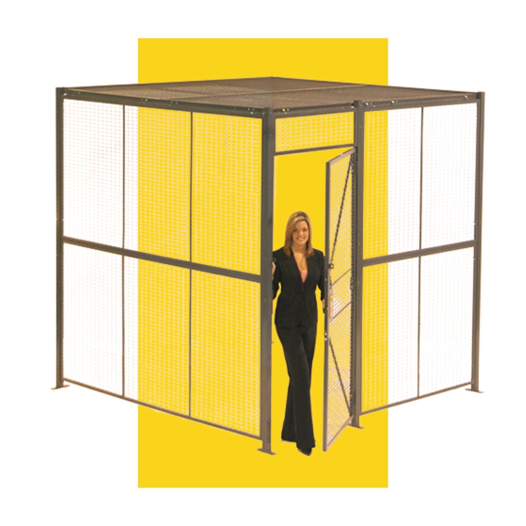 Welded wire partition wall separating warehouse storage areas