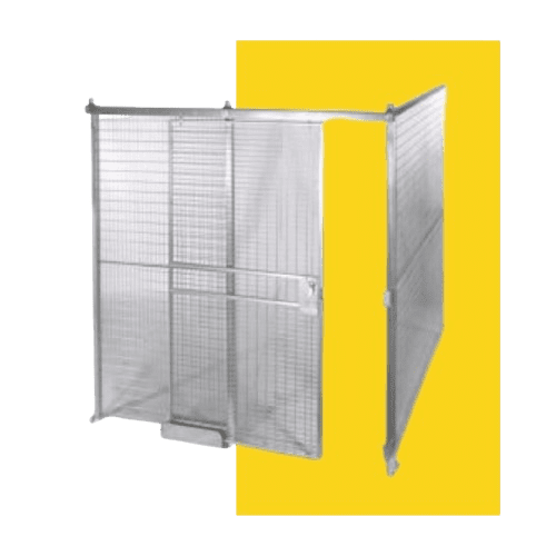 A sturdy metallic cage with durable wire mesh partitions and a door stands against a bright yellow backdrop. Its rectangular shape suggests its perfect for Secure Storage Solutions, whether for housing animals or safely storing various items.