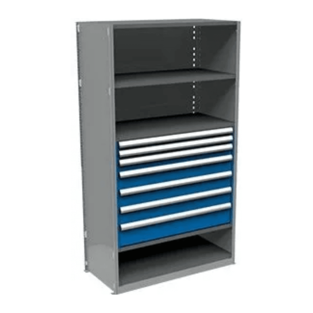 A tall, gray metal storage cabinet features two open shelves at the top and six automotive modular blue drawers with white handles in the middle, complemented by an open compartment at the bottom.