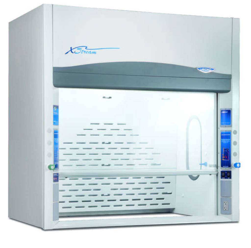 A customizable laboratory fume hood with a white and blue design features vents, side control panels, and a transparent sash door. Enhance laboratory safety and efficiency with this premium XStream model, proudly displayed on the upper left.