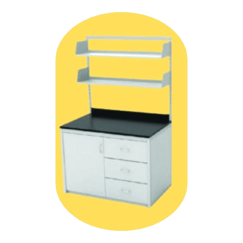 A metal cupboard with a sleek phenolic countertop, featuring three drawers on one side and a closed cabinet on the other. Above, two white shelves are mounted. The background is a yellow oval.