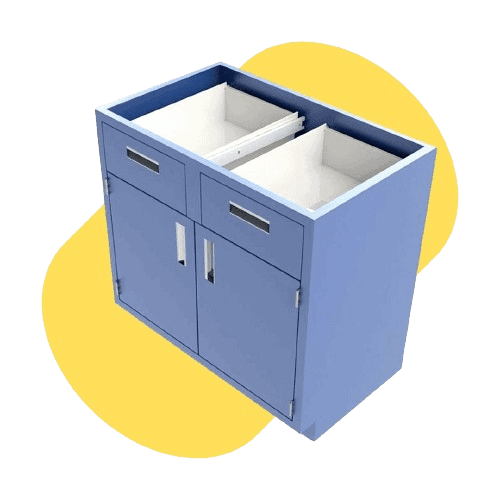 A blue double-door cabinet with two drawers on top, featuring a divided open space above, evokes the care in distillery laboratory design. It stands against a yellow and white background, reminiscent of quality control in distilleries.