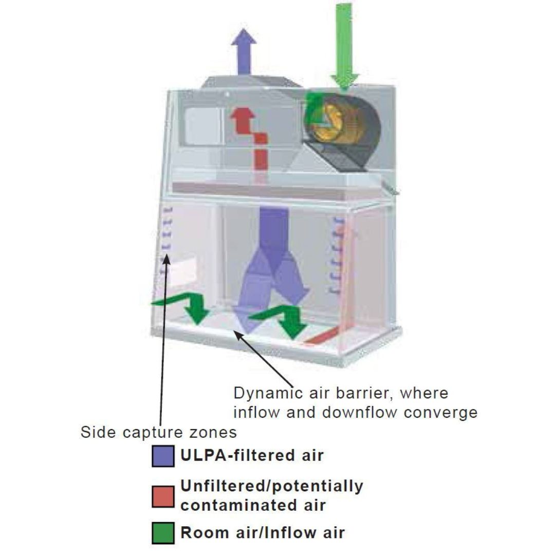 Diagram of an engineering model showcasing airflow dynamics in premium fume hoods. It illustrates ULPA-filtered air, unfiltered/contaminated air, and room air/inflow air with arrows. Features labeled sections like dynamic air barrier and side capture zones to enhance laboratory safety and efficiency.