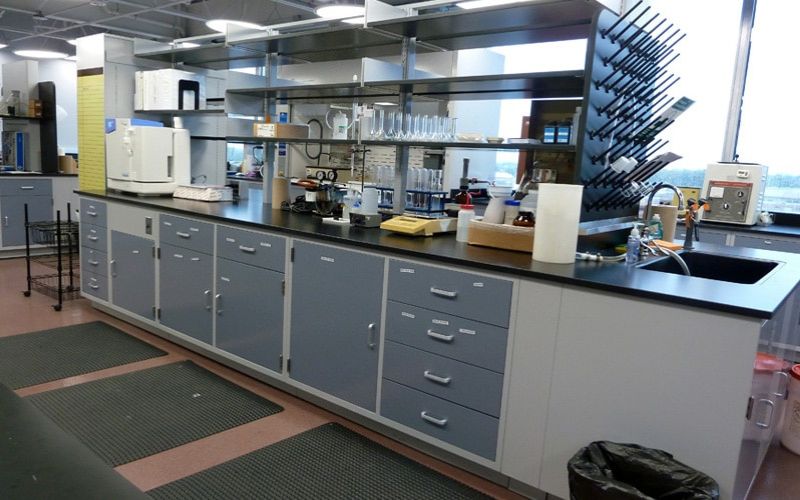 A process research lab with a long counter featuring cabinets and drawers. Shelves hold glassware, a microscope, and other equipment. A sink is on the right, while large windows fill the space with natural light—ideal for innovative research endeavors.