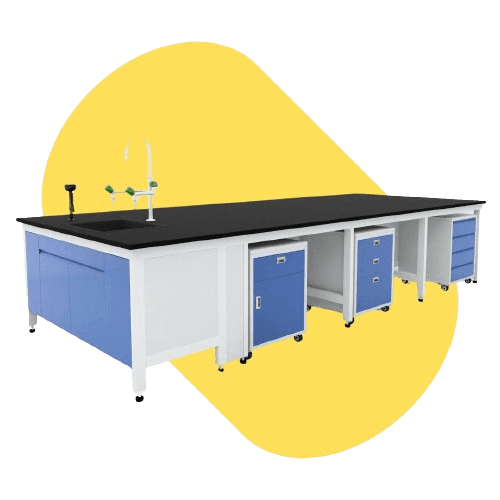 A laboratory workbench with a black countertop, blue storage cabinets, and a sink with a faucet stands proudly, showcasing potential lab renovation services against a vibrant yellow background.