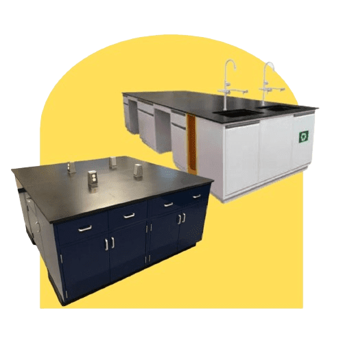 A yellow background showcases two types of laboratory furniture: a white lab station with sinks and faucets, featuring high-quality stainless steel lab tables, and a black cabinet unit with electrical outlets on top.
