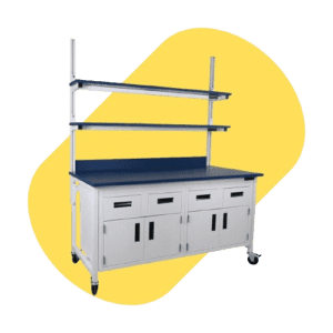 A mobile workbench with blue shelves and compartments on caster wheels stands ready to assist in your lab renovation services. The background features a yellow abstract shape, complementing its sleek design.