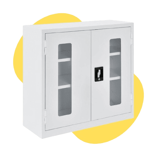 White wall-mounted cabinet with two clear glass doors, each featuring a black handle with a lock, ideal for a distillery laboratory design. Inside, three visible shelves offer ample storage space. The background has yellow abstract shapes.