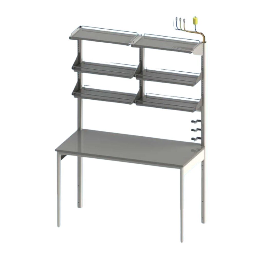 A 3D rendered image of a metal workbench built for precision showcases a flat tabletop, four angled shelves above, hooks on the right, and a power strip. The shelves are organized in two columns, and the structure is supported by four legs—ideal for dynamic lab environments.