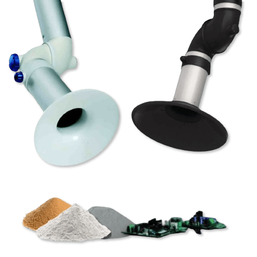 Two flexible extraction arms with funnel-shaped ends hover above small piles of various materials, including a tan substance, white powder, a gray item, and pieces of electronic waste. These are part of advanced fume extraction systems designed for laboratories.