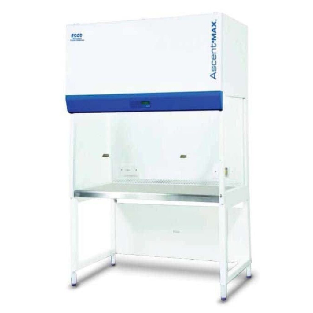 A laboratory fume hood with a white and blue design stands on four legs. It features a transparent glass front and interior shelves, providing efficient solutions for R&D chemistry lab setups by handling hazardous substances safely.