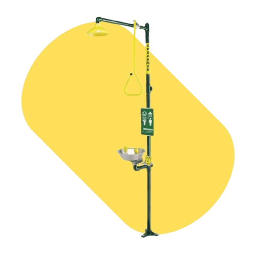 A safety shower and eyewash station with a green stand against a yellow background features an overhead showerhead, eyewash basin, and emergency signage. This essential lab casework solution ensures quick response for eye and body cleansing in critical situations.