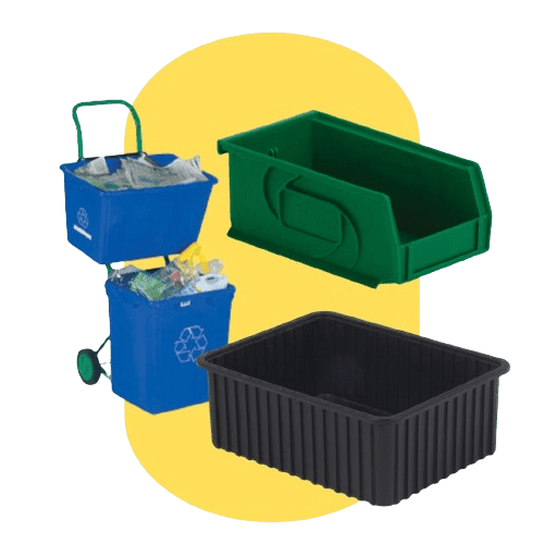 Three different recycling bins are pictured: a blue bin with a handle and wheels filled with recyclables, a green rectangular bin with a handle, and an efficient storage solution in the form of a black corrugated plastic bin. They are set against a yellow background.