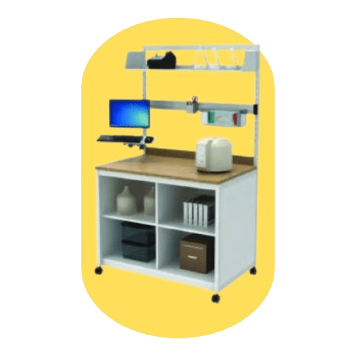 A versatile mobile workstation on wheels with a wooden top, perfect for lab furniture needs. It features a monitor, keyboard, and small items on shelves above. The open storage compartments below efficiently hold boxes and supplies, all set against a vibrant yellow background.