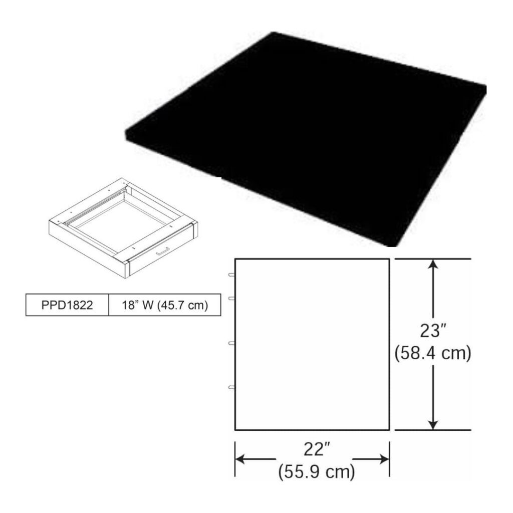 Discover the Premium Laboratory Casework with a black wooden square tabletop, perfect for dynamic lab environments. Measuring 23 inches (58.4 cm) long and 22 inches (55.9 cm) wide, it features an inset diagram of the base model PPD1822, ensuring technical workstations are built for precision.