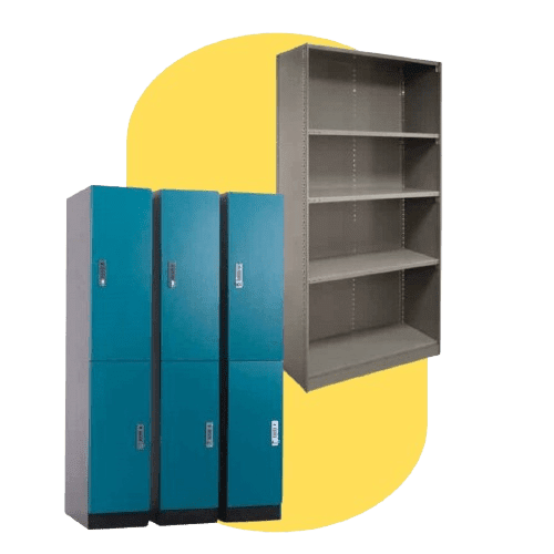 Three teal lockers with vertical handles stand beside a tall, gray bookshelf featuring five shelves, embodying perfect college office organization. A yellow abstract shape decorates the background, adding a touch of creativity to this ideal community college storage solution.