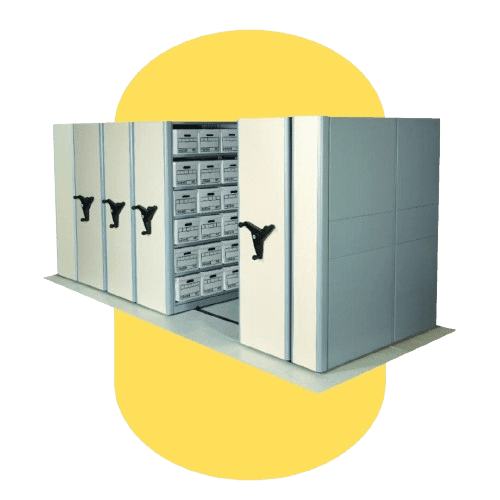 Large, white filing cabinets with black handles and multiple drawers are positioned in a row, perfect for Educational Storage Solutions. Each labeled drawer ensures organization. The background features a solid yellow shape.