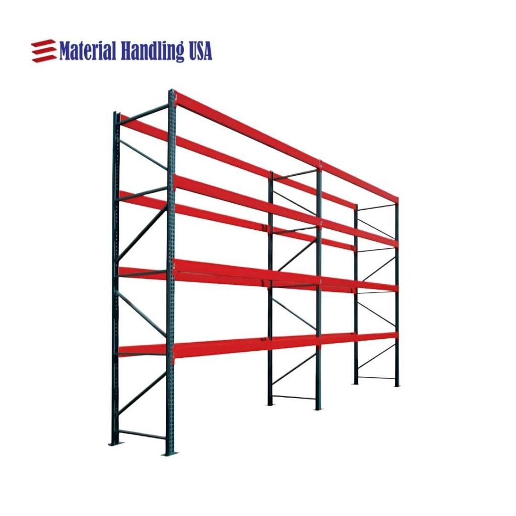 Industrial metal storage rack with three levels of red shelving, designed for heavy-duty material handling. The unit is empty and positioned against a white background. Logo in the top left corner reads Material Handling USA.