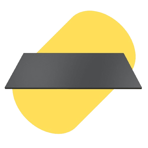 A black rectangular shelf is displayed against a yellow, rounded rectangle background. The shelf is shown at an angle from below, highlighting its smooth, flat surface and sleek design, reminiscent of the durability found in phenolic resin lab countertops.