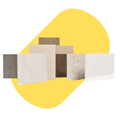 Displayed are a variety of rectangular stone tiles in different shades of beige, gray, and brown, with a yellow abstract shape in the background. Complementing the visuals are high-quality stainless steel lab tables, known for their durability and sleek design.