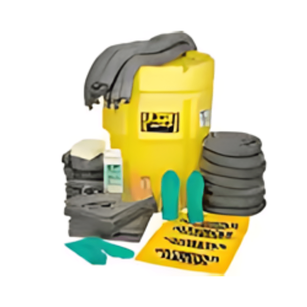 A yellow spill kit for effective spill control, featuring absorbent pads, socks, a pair of green gloves, a yellow warning sign, and a spray bottle. The items are neatly arranged around and inside the large yellow container for optimal secondary containment.